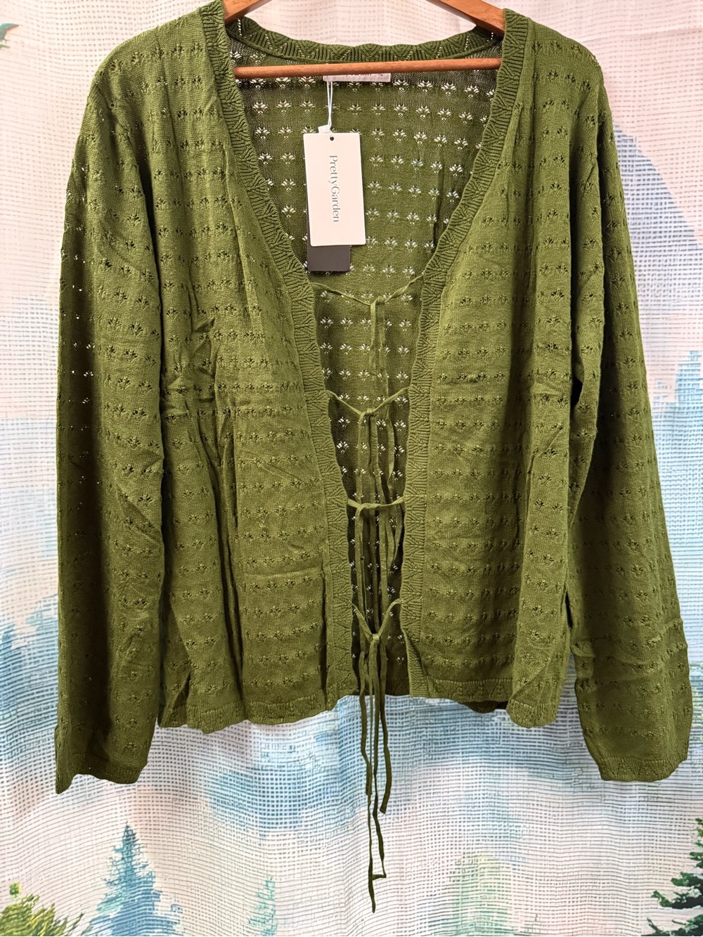 Petite Garden Army Green Eyelet Knit Tie-Front Cardigan